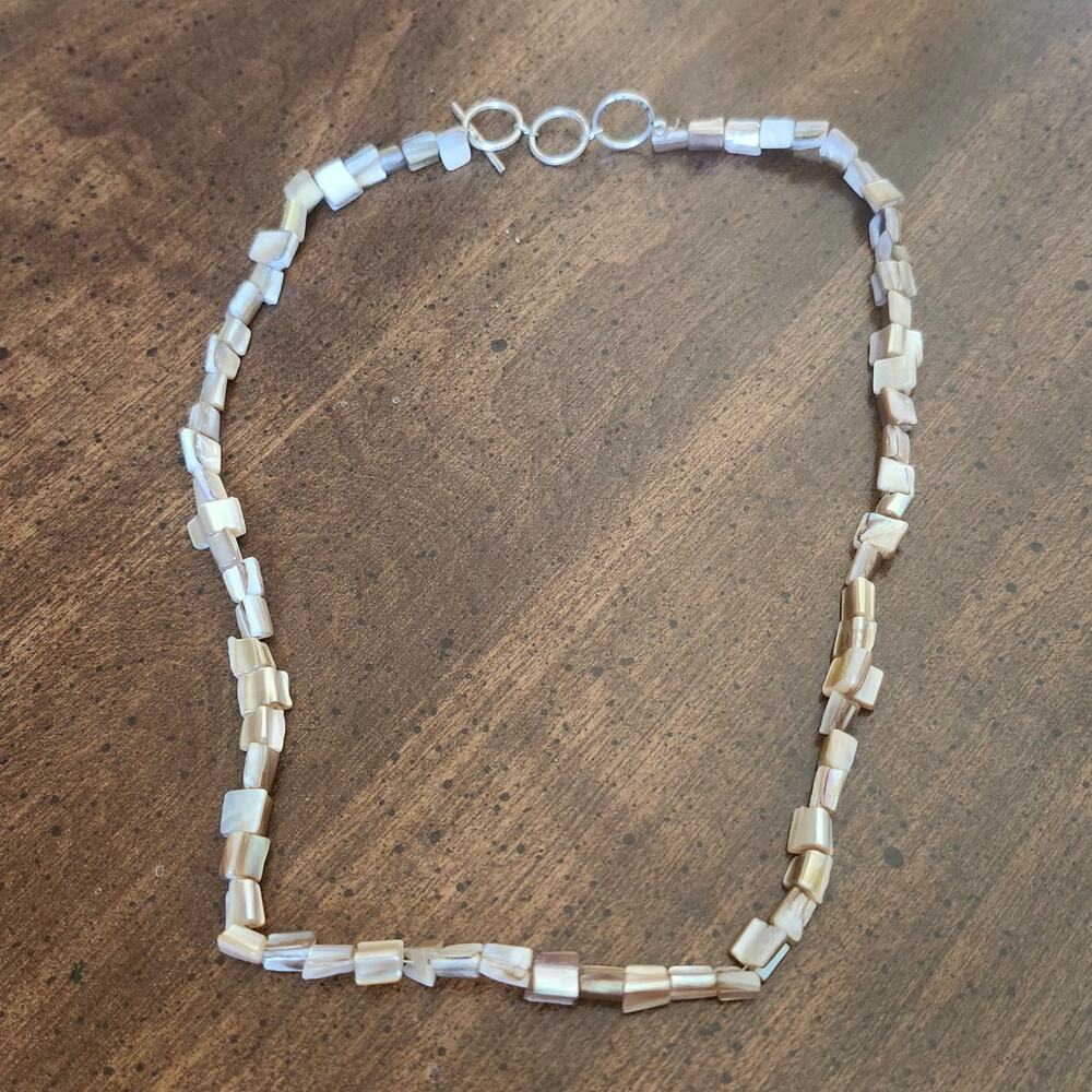 MOP Mother Of Pearl Shell Necklace Rectangular Beads Toggle Clasp Beige Boho 22"